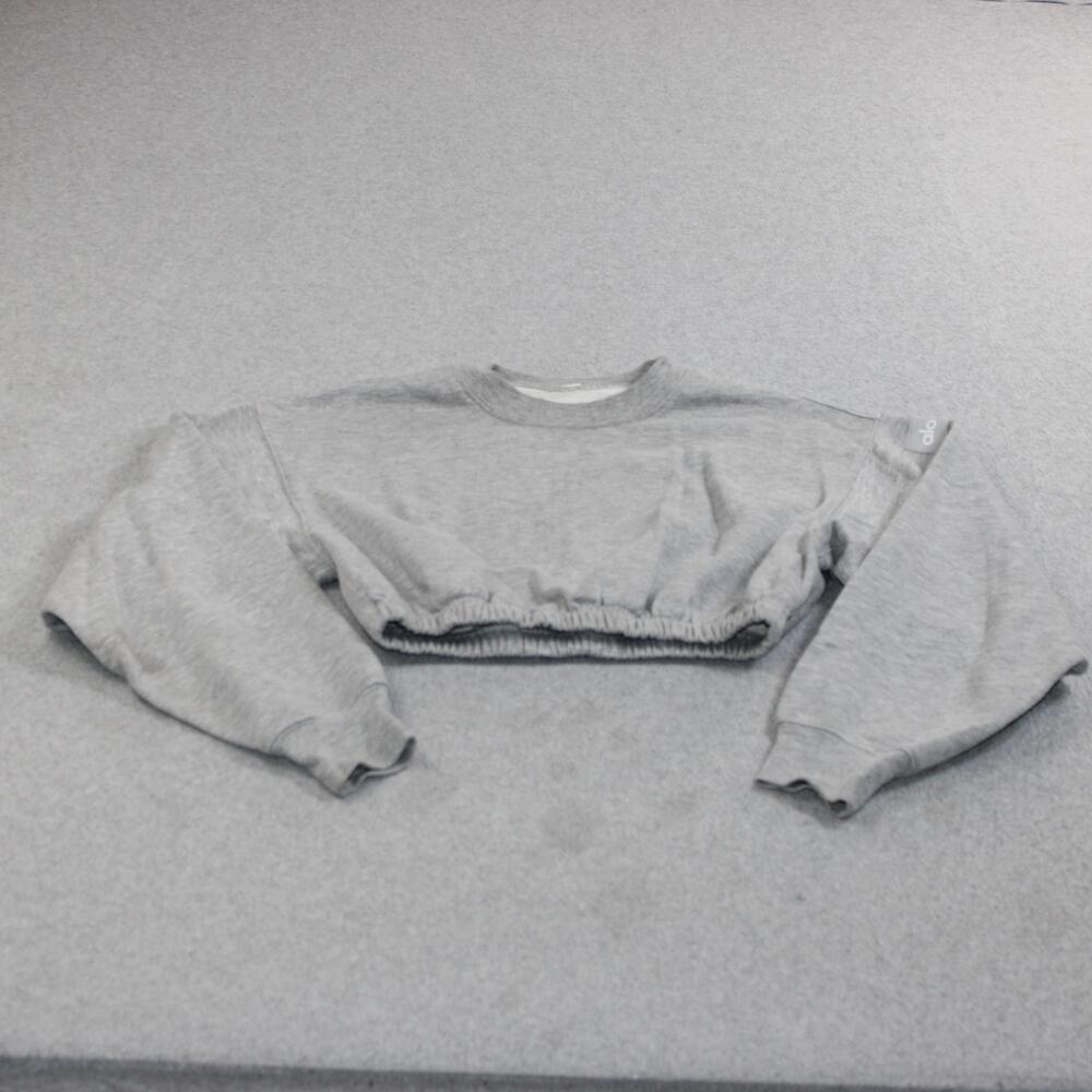 Alo Yoga Sweatshirt Women Small Gray Fleece Cropped Elastic Hem Logo Athleisure